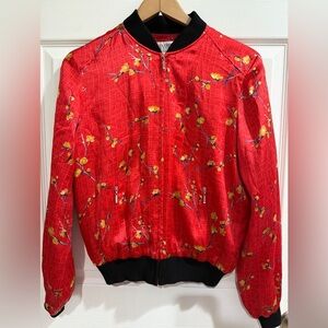 VTG Allison Taylor 100% Silk Red Floral Bomber Cherry Blossom Asian Inspired